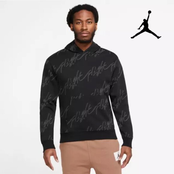 Jordan Flight Essentials All Over Print Mens Fleece Pullover Hoodie Black XL - Picture 2 of 8